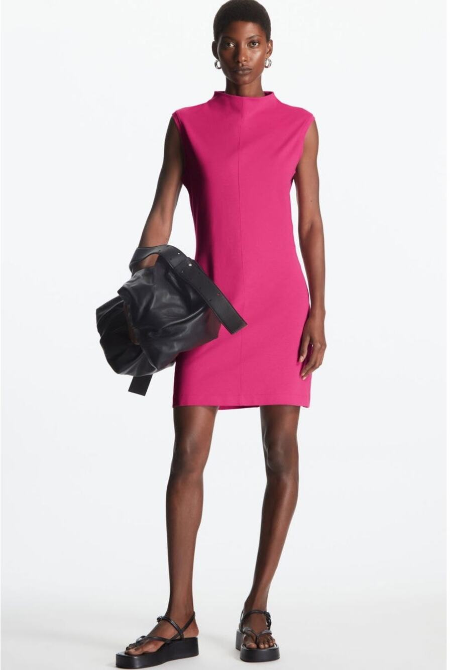 COS Slim-Fit Mock-Neck Mini Dress Fuchsia Pink Sleeveless Size Large